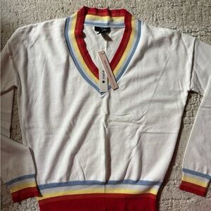 Aqua V-Neck Sweater with Red, Yellow, and Blue Stripes